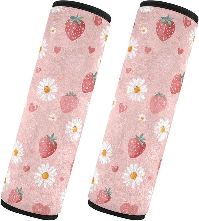 2 Pack Seatbelt Covers Seat Belt Cover Pad for Adults Boys Girls Car Seat Strap Covers Pads Cushion Universal Shoulder Strap Pad Protector for Backpack Camera Bag 10x7.7Inch Pink Floral Strawberry Hea