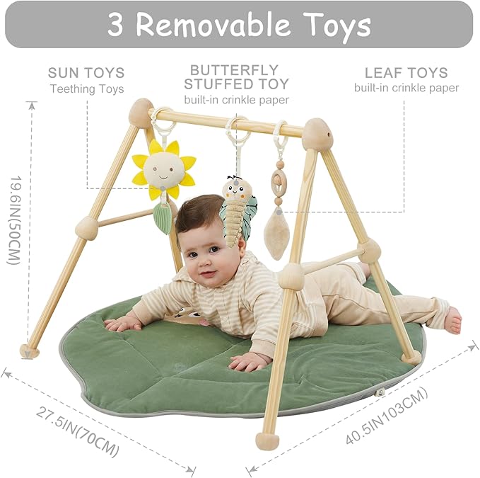 4-in-1 Wooden Baby Play Gym & Activity Mat, Soft Cotton Tummy Time Mat for Babies 0+,with 3 Detachable Toys for Sensory & Motor Skill Development,Newborn Infant Baby Essentials Gift,Leaf