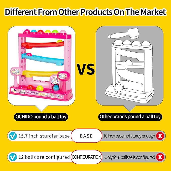 OCHIDO Montessori Toys for 3+ Years Old Kids Girls, Pound A Ball Toys Included 2 Hammer & 12 Balls,Gifts for Girl Age 3+, Interactive Toy for Early Learning Educational Gifts for Girl