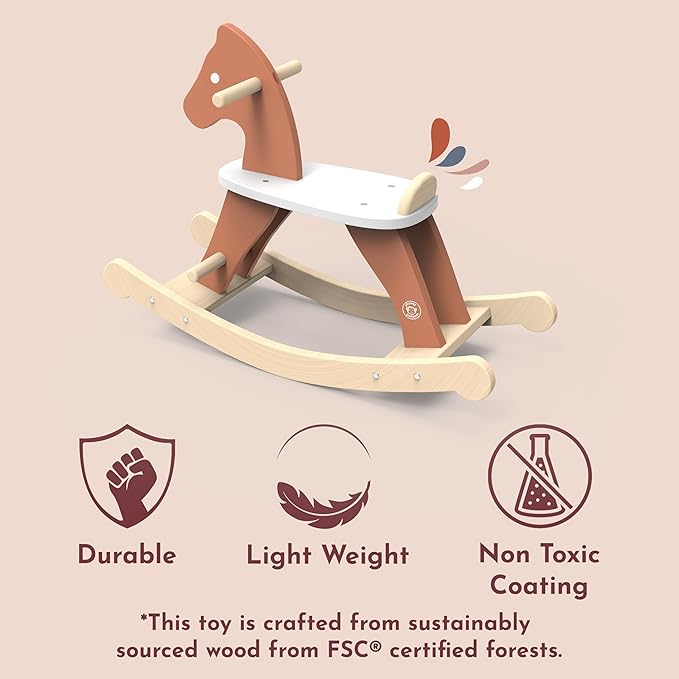 SPEEDY MONKEY Vintage Wooden Rocking Horse, Trendy Design, Handrails for Safe Rock & Ride, Non-Toxic Paint, Steady Motion, Classic Toy for Kids' Development and Fun