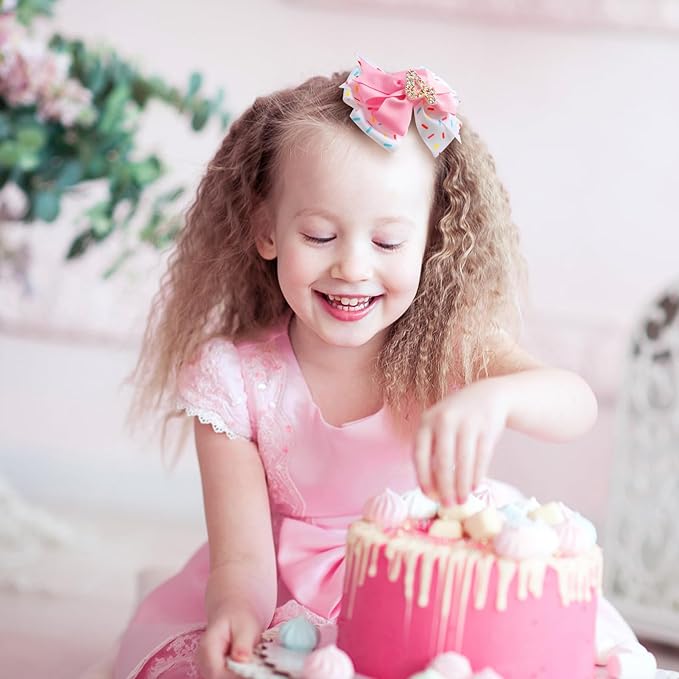Birthday Hair Bow for Baby Girls 1 2 3 4 5 6 Years Sprinkle Decorations Confetti Ice Cream Party Pink Hair Accessories for Four 4th Birthday