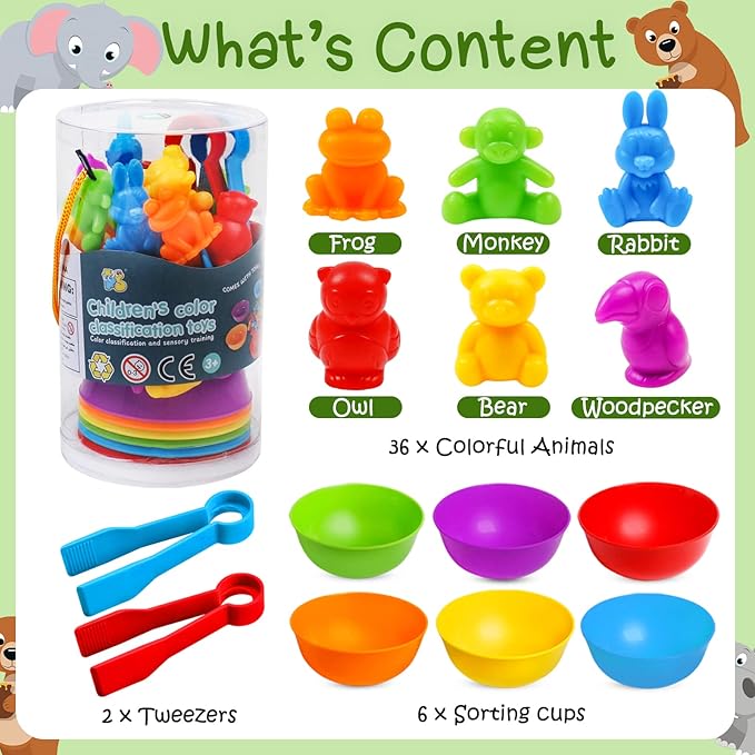 Counting Color Sorting Toys Animals Matching Games with Rainbow Bowls,Preschool Learning Educational Montessori Sensory Training Easter Basket Stuffers Gifts for 3 4 5 Year Old Toddlers