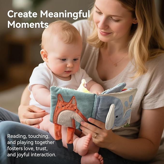 Montessori Soft Baby Book - Sensory Book for Babies 0-12 Months with Crinkle Paper, Touch & Feel Textures, Baby Safe Mirror & Teether. Educational Infant Toys for Tummy Time, Newborn