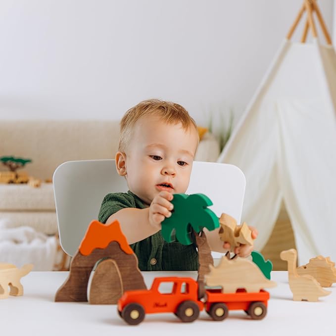 Personalized Colored Wooden Car Play Set with Dinosaur Theme – Custom Toddler Sensory Toys, Unique Birthday and Baptism Gifts for Boys, Nursery Room Decor, Baby Shower Gifts