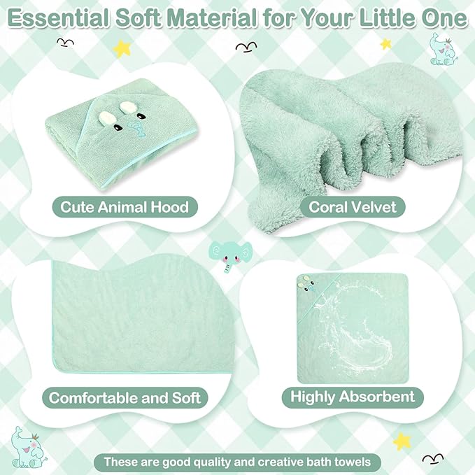 Sublaga 4 PCS Baby Towel Set, Hooded Bath Towel for Infants, Toddlers and Kids, Soft Animal Baby Bath Towels & 3 PCS Washcloths, 32x32 in Hooded Baby Bath Towel for Boy and Girl (Green Elephant)