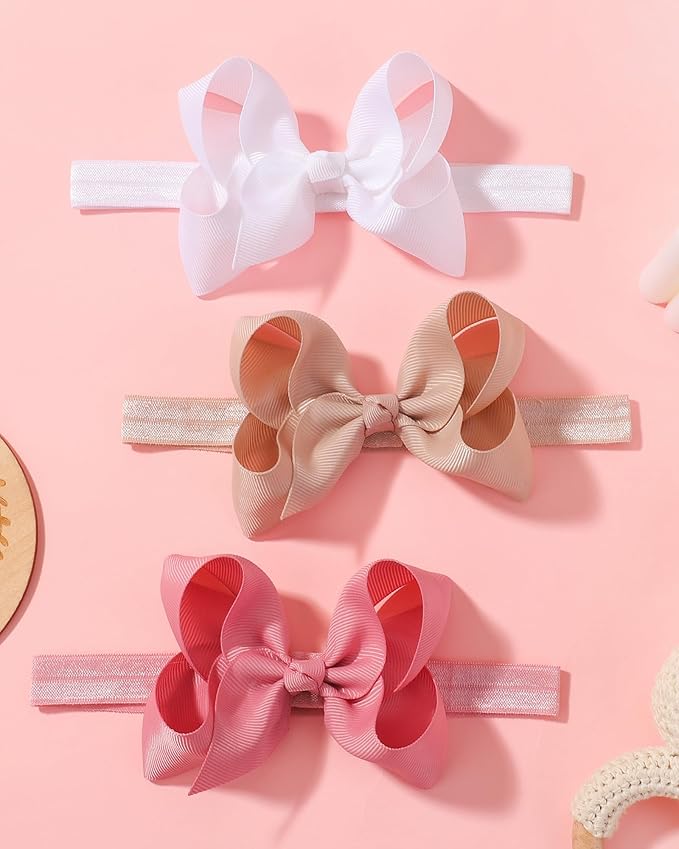 jollybows Baby Girls Headbands, 3 PCS 4in Grosgrain Ribbon Hair Bows - White, Cream, Pink, for Baby Girls Infants Toddler Kids Teens and Children