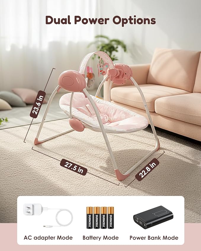 Baby Swings for Infants, Tiny Marvels Portable Swing with Adaptable Speed, Music, Removable-Toy-Bar, Foldable Infant Swing for Indoor and Outdoor Use, 0-9 Months 6-20 lbs(Blush Bloom)