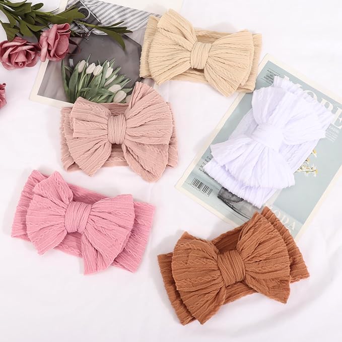 DRESHOW BQUBO Handmade Baby Headbands Soft & Stretchy Hair Bands with Bows Nylon Bows Hairbands for Girls Newborn Infant Toddlers Hair Accessories 5 Pack