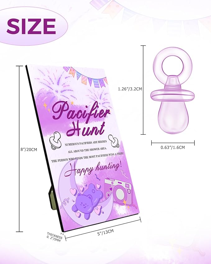 Baby Shower Games, Baby Shower Decorations, 1 Baby Pacifier Hunt Sign and 50 Acrylic Pacifiers for Gender Reveal Games (Purple)