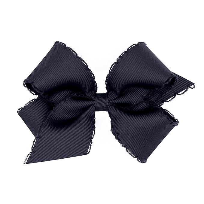 Wee Ones Girls' Classic Grosgrain Moonstitch Edge Hair Bow, No-Slip Hair Clip, Handmade, Navy, Medium