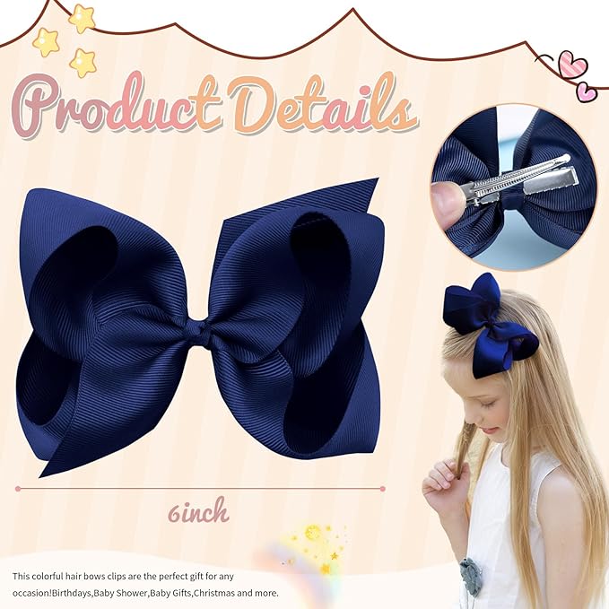 Oaoleer Navy Layered Grosgrain Ribbon Barrettes Hair Clips, Hair Accessories for Baby Girls, Infants, Toddlers, Kids, Teens, Children (6inch-Type A)