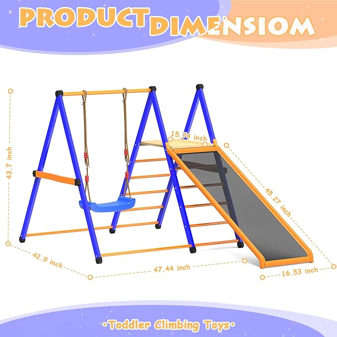SPIDERCAMP Indoor Playground Toddler Jungle Gym 4-in-1 Indoor Jungle Gym for Kids,Indoor Climber Playset with Swing Indoor Slide,Sturdy Metal Kids Indoor Playset (S)