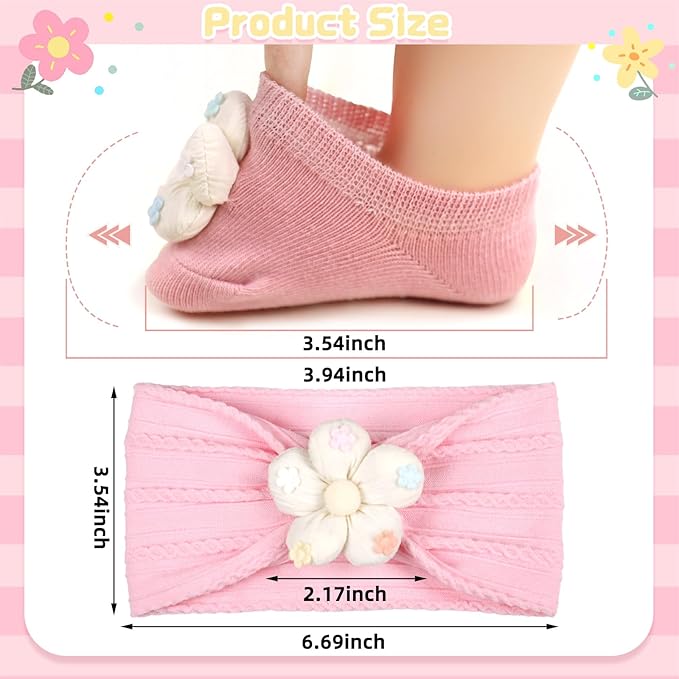 MIUXUESO Baby Girls Headbands and Socks Newborn Flower Hairbands Non-Slip Grips Socks Nylon Hair Accessories Infants and Toddlers (White, 6-12 Months)