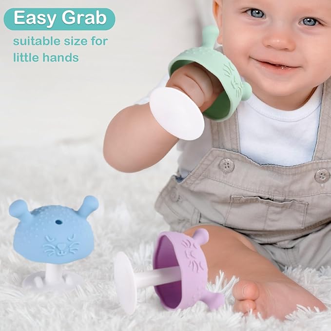 BumbleBee Silicone Teething Toys Set 3M+, BPA-Free & Easy to Grip Baby Teether with Suction Base, Infant Teething Relief Toy - 3PCS (Green+Purple+Blue)