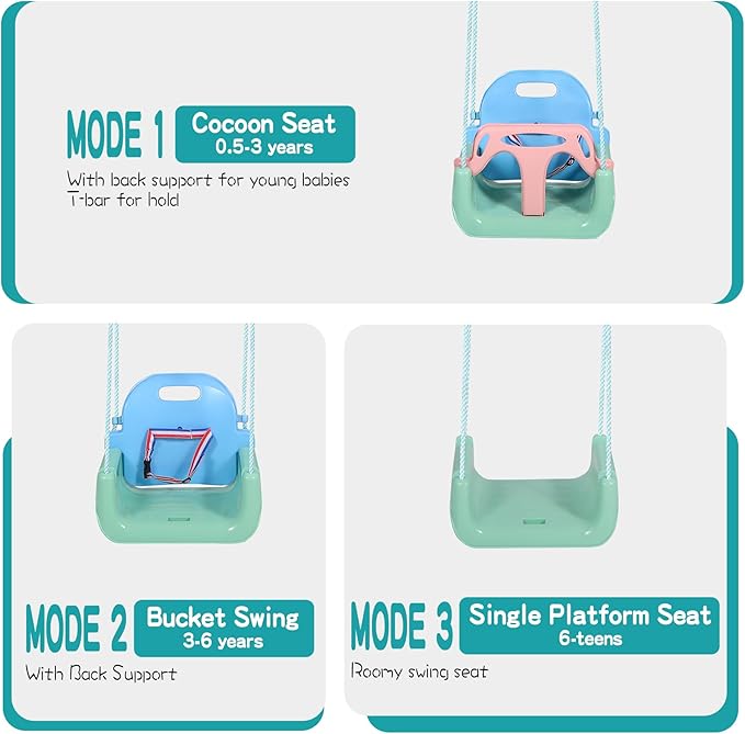 RedSwing 3-in-1 Baby Swing Seat, Toddler Swings, Anti-Flip Snug & Secure Detachable Infants to Teens Kids Swing Seat for Outside Playground, Blue Green Pink