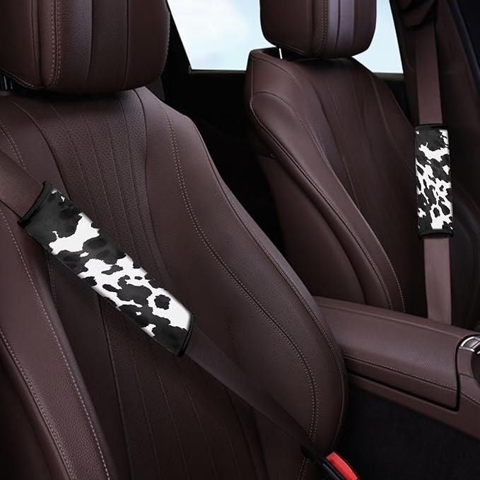 Biyejit Black White Cow 2 Pack Universal Soft and Comfortable Car Seat Belt Pads Harness Pads Pram Strap Covers Backpack Shoulder Pad Automotive Seat Belt Cushion Pad Cover for Adults