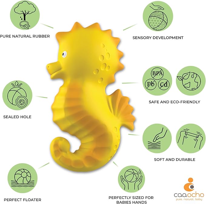 caaocho Pure Natural Rubber Bath Toy - Nalu The Seahorse - Hole Free Bath Toys, BPA Free Bath Toys for Infants, Without Holes Sealed Natural Rubber Baby Toy