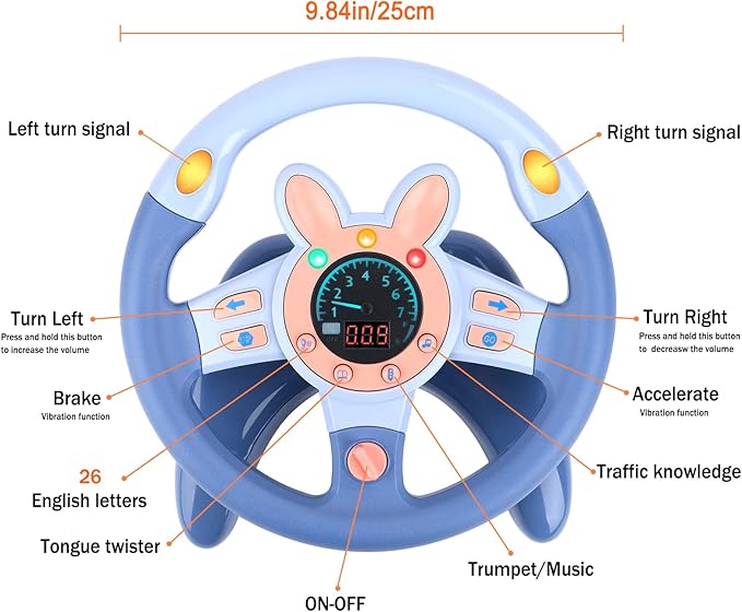 deAO Kids Steering Wheel for Backseat with Key Baby Toys Pretend Driving Simulated Steering Wheel Toy with Light and Music Gifts for Kids Toddlers Blue