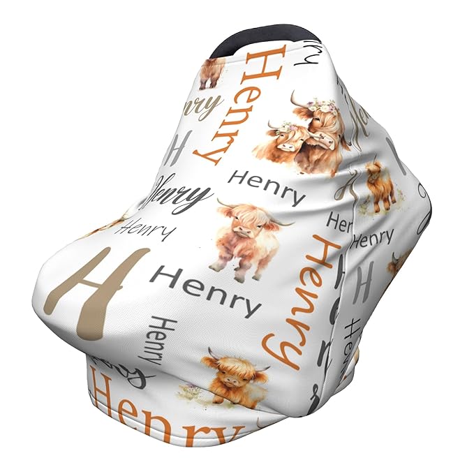 Personalized Car Seat Covers with Name, Highland Cow Baby Canopy Carrier Cover, Breathable Breastfeeding Nursing Cover, Stretchy Multi-Use Infant Carseat Stroller Cover