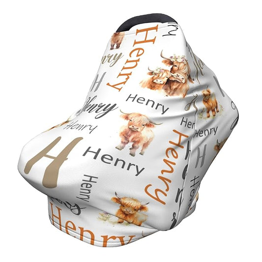 Personalized Car Seat Covers with Name, Highland Cow Baby Canopy Carrier Cover, Breathable Breastfeeding Nursing Cover, Stretchy Multi-Use Infant Carseat Stroller Cover