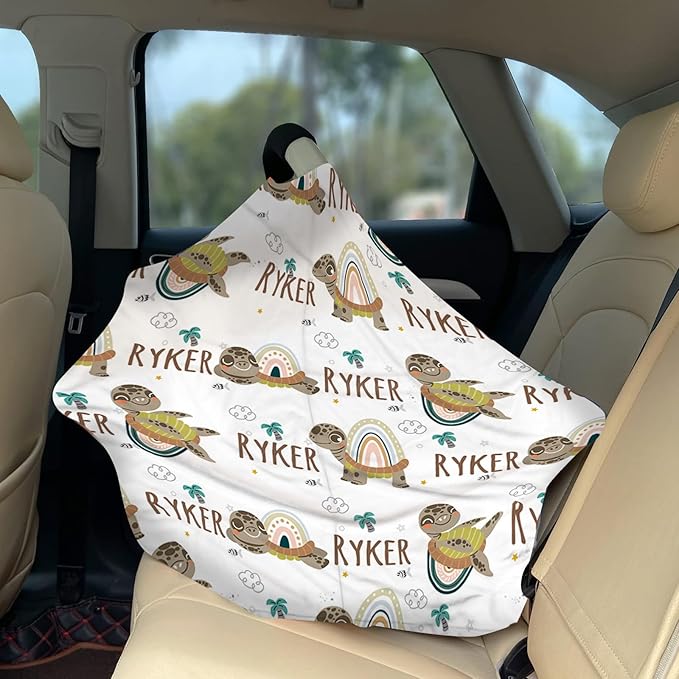 Personalized Baby Car Seat Cover Stroller Canopy: Custom Name Newborn Baby Boy Girl Elastic Turtle Nursing Cover for Moms First Birthday Gift Green(one Size)