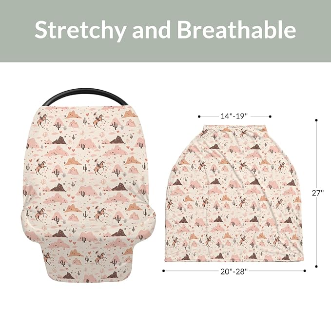 Pink Western Cowgirl Love Baby Car Seat Covers Retro Cowgirl Cactus Horse Stretchy 5-in-1 Cover Adjustable Infant Carseat Canopy Cover Wild Desert Country Breathable Nursing Cover-Up