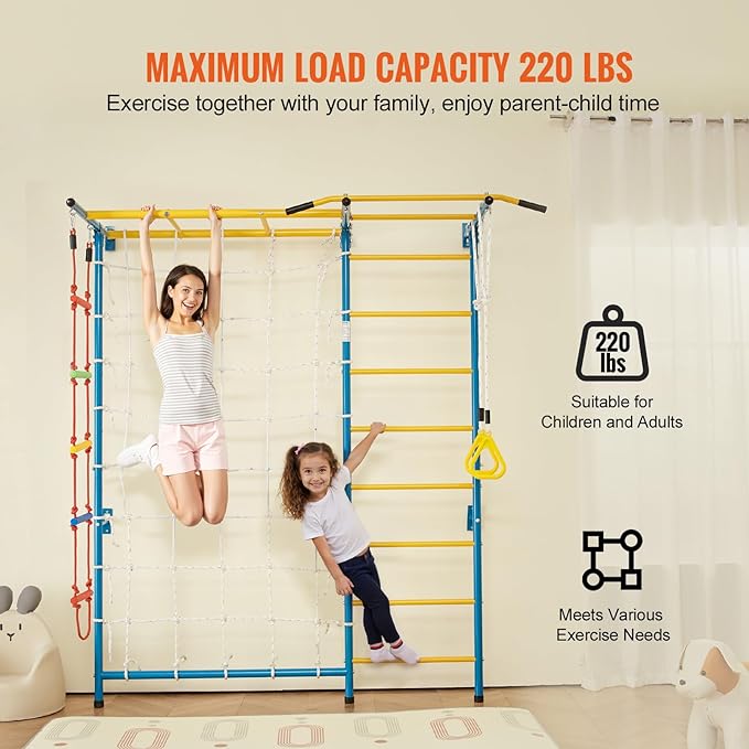 VEVOR Indoor Jungle Gym for Toddlers, 7-in-1 Climbing Playset with Carbon Steel Swedish Ladder, Wall Ladder, Pull-Up Bar, Rope Ladder, and Gymnastic Rings, Supports 220 lbs, Multicolor