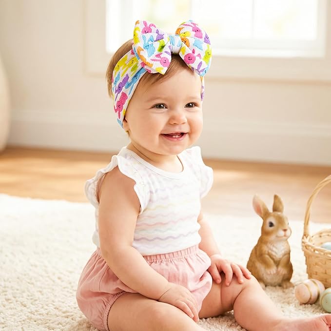 2Pcs Easter Baby Headband Rabbit Egg Easter Hair Bows for Girls Large Easter Bunny Ears Headband Toddler Girls Nylon Hair Accessories Big Bows Hairband
