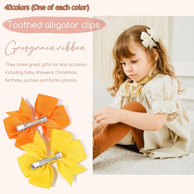 40PCS 3 Inch Hair Bows for Girls Grosgrain Ribbon Toddler Accessories with Alligator Clip Bow Baby Kids Teens