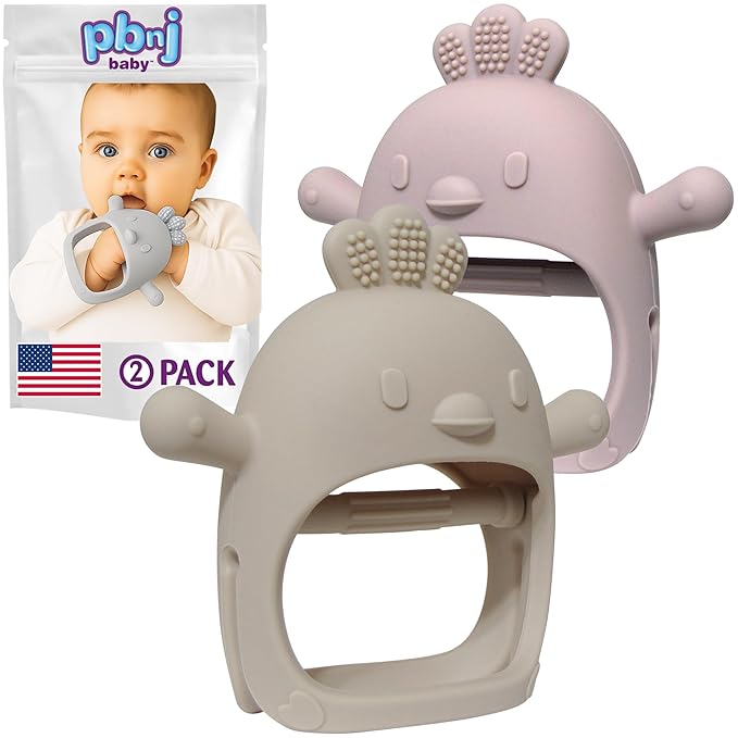 PBnJ Baby Teething Mittens for Babies 0-6 Months, 2 Pack Silicone Teething Mitten with 3 Textures & Crinkle Sound, BPA-Free Teether Glove for Teething Relief, Adjustable Baby Teething Toys 3-6 Months