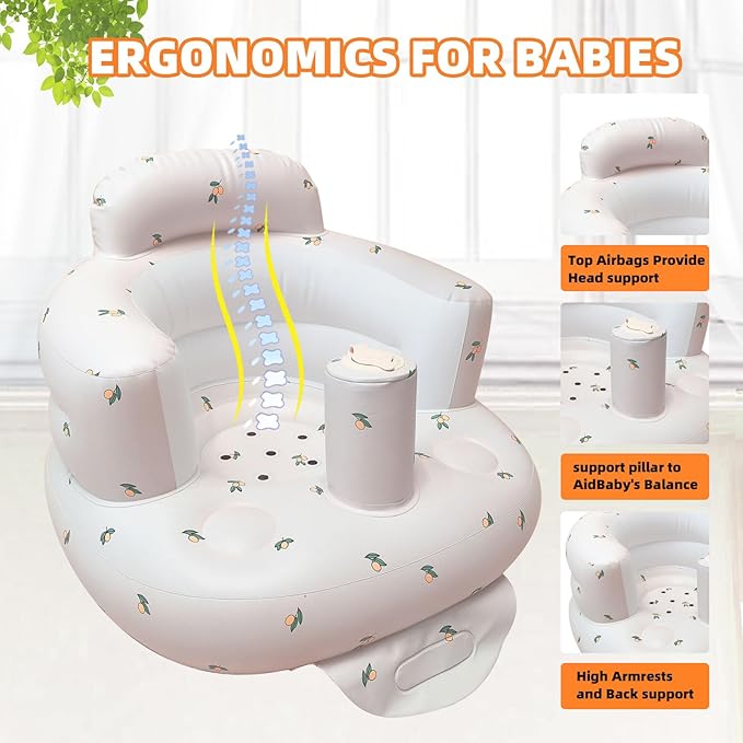 AGITVPS Upgrade Inflatable Baby Seat with Tray for Babies 3-36 Months, Built in Air Pump Bumbo Seat with Tray, Baby Chair Sit Me up Floor Seat for Baby, Learning to Sit&Feeding (Pillar-Olive)