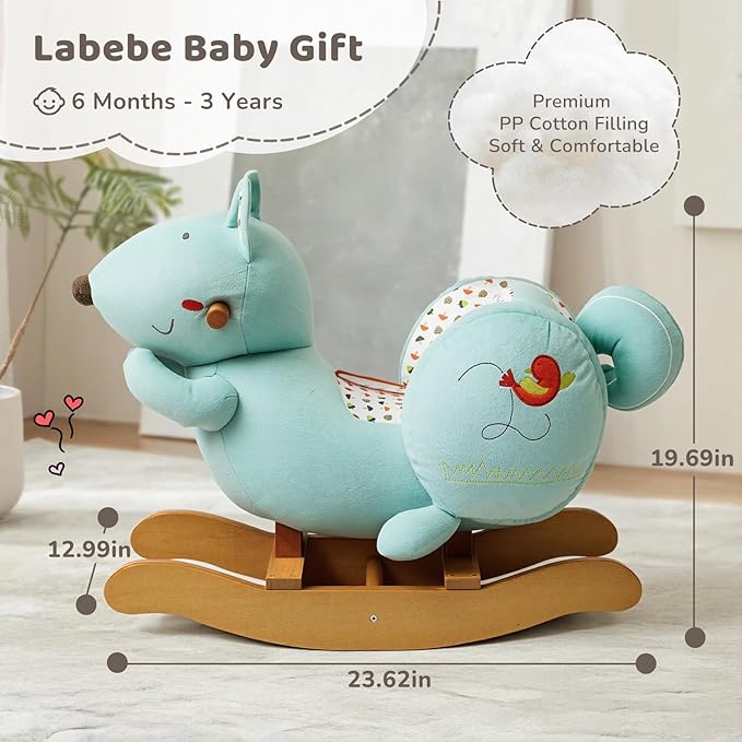 labebe Baby Rocking Horse, Blue Squirrel Rocking Horse for Toddler 1-3 Age Boy&Girl, Plush Rocking Squirrel with Seatbelt for 6 Months Babies, Children Ride-on Toy Wooden Animal Rocker