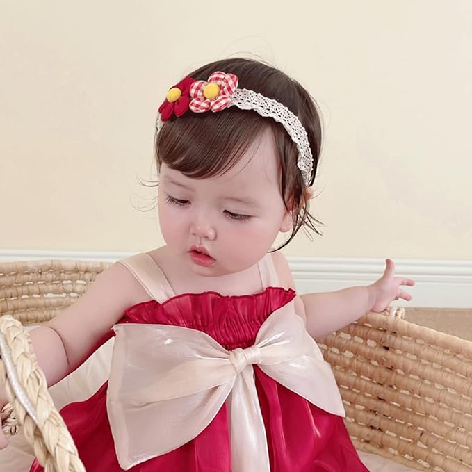 Baby Girls Hairbands Lace Flowers Headband Handmade Soft Stretchy Colorful Flower Hairband Newborn Headbands with Pearls Elastic Hairbands for Infant Head Band (Two Red Flowers)