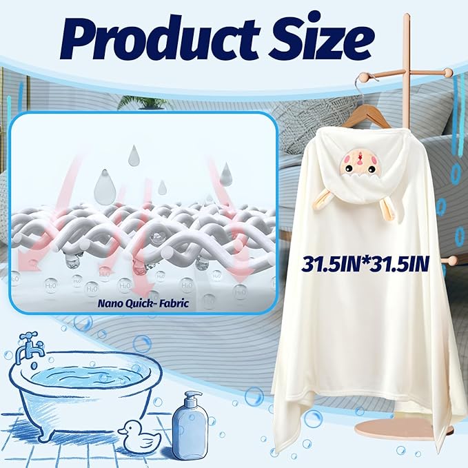 Hooded Baby Towel- Large Baby Towel with Hood（31.5 x 31.5 Inch）, Natural toddler towels,Ultra Soft and Absorbent Coral Velvet Coral Fleece Bath Towel for Infants, Newborns, Toddlers, Unisex (white)
