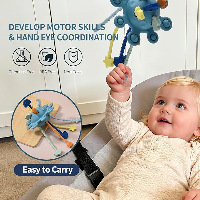 Little Rawr Silicone Baby Sensory Montessori Toys & Pull String Toys for 18 M+, Toddler Birthday Gift Car Seat Airplane Travel for 1 2 Year Old Boy Girl Infant 18 Months Old (Blue)