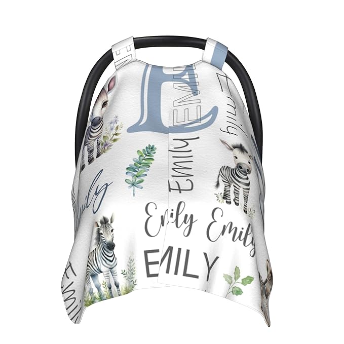 Personalized Baby Car Seat Cover Custom Name CarSeat Canopy Customized Zebra Newborn Nursing Breastfeeding Cover Minky Baby Blanket Infant Car Seat Canopies for Baby Girls Boys