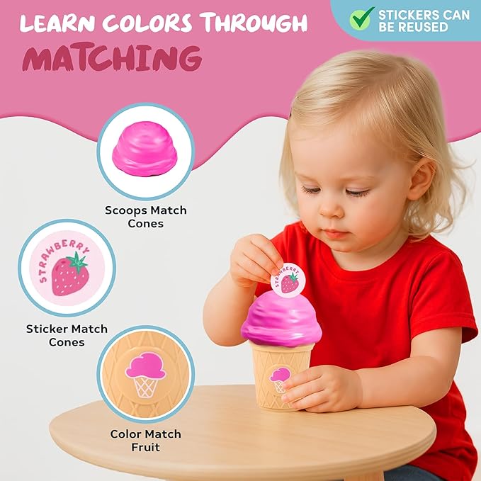 JoyCat Ice Cream Toy Set for Toddlers 1-5, Color Sorting & Stacking Toys, Pretend Play Food for Boy Girls Kids, Educational Fine Motor Skills Gift (7 Cones 7 Scoops 1 Bucket)