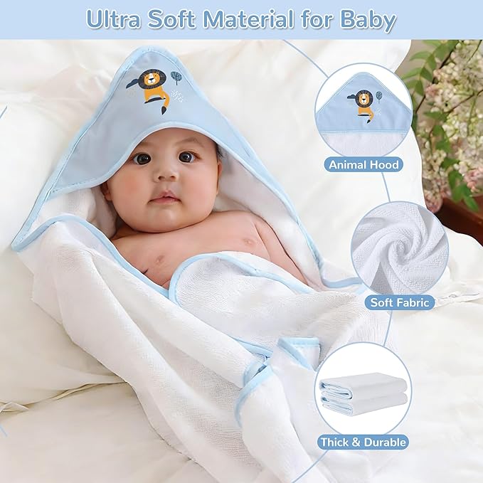 Viviland 6 Pcs Hooded Baby Towels and Washcloths Set, Super Gentle Bath Towels for Newborn Face & Body, Absorbent Wash Cloth for Infants Boys, Blue-Lion Pattern, 28 x 28 inch