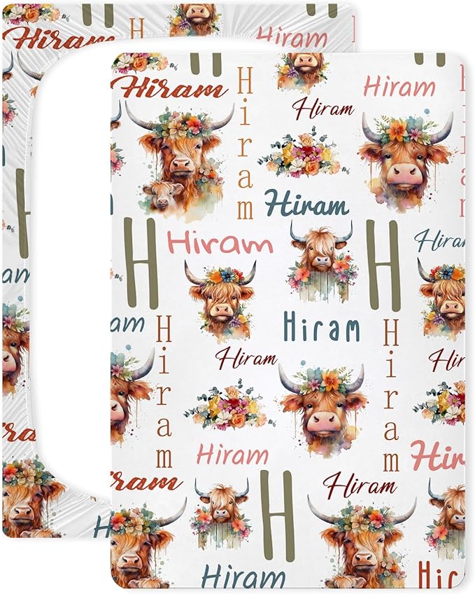 Customized Pack and Play Sheets with Monogram Name, Personalized Highland Cow Cattle Mini Crib Mattress Fitted Sheets for Baby Girls Boys, Soft Breathable Pack n Play Playard Playpen Sheet