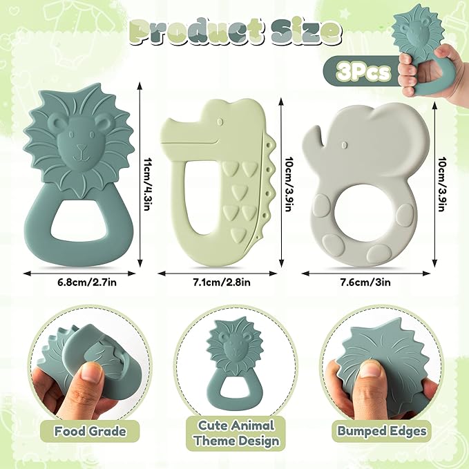 3Pcs Silicone Teething Toys for Babies Elephant Lion BPA Free Soft Teether Infant Sore Gums Pain Food Grade Silicone Teething Relief Chew Toy for Toddler Baby Shower Newborn 6-12 Months Birthday