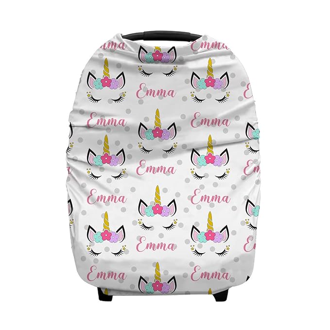 Personalized Horse with Horns Baby Car Seat Covers with Name, Custom Nursing Cover Breastfeeding for Babies, Carseat Canopy for Girls, Infant Stroller Cover, Breathable Carseats Cover