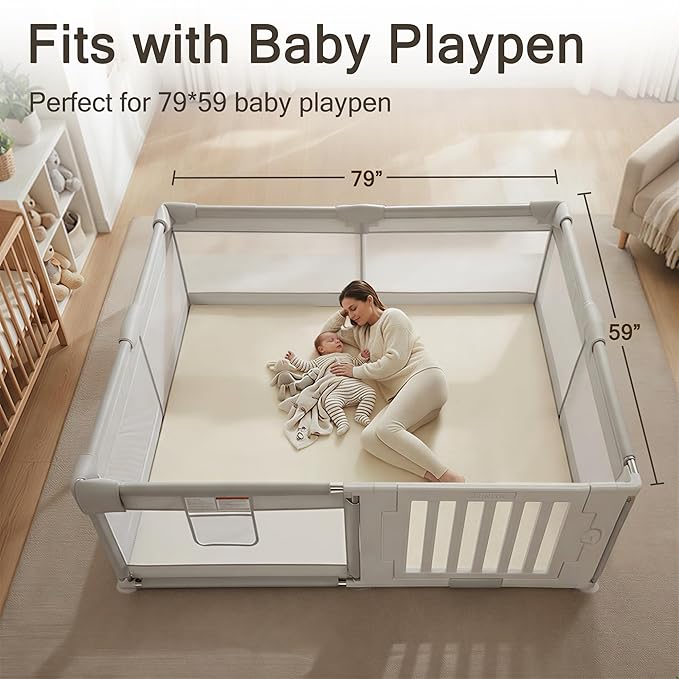 Vegan Leather Baby Play Mat, 79x59 Thicken Foam Play Mat for Infants and Toddlers, Padded & Cushioned Playpen Mat for 79x59 Playpens, 1.2" Thick, Cream