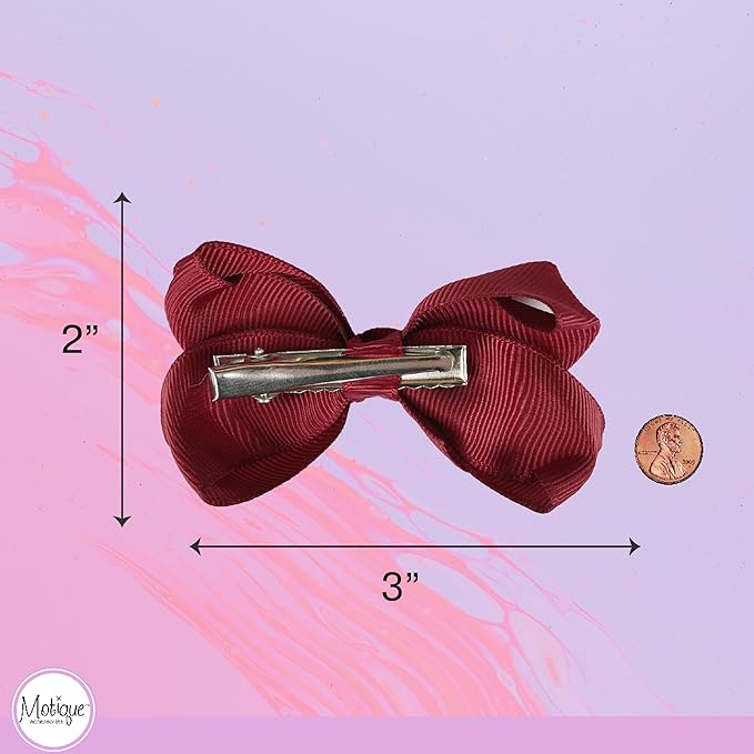 3 Inch Grosgrain Bow for Little Girls- Set of 2 (Burgundy)