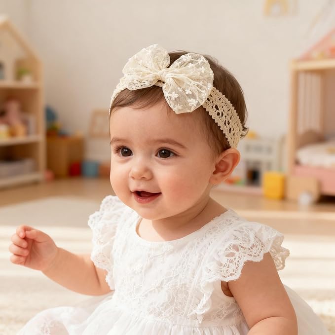 Baby Girls Bow Lace Headband Cute Soft Hairband White Butterfly Knot Headbands for Newborn Infants Toddlers Kids Christening Baptism Birthday Party Hair Accessories（Beige B）