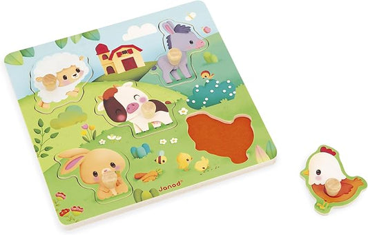 Janod - 5-Piece Wooden Tactile Puzzle - Farm Theme - Interlocking Puzzle with Textures - Educational Game - Touch, Fine Motor Skills and Concentration - from 18 Months, J07129