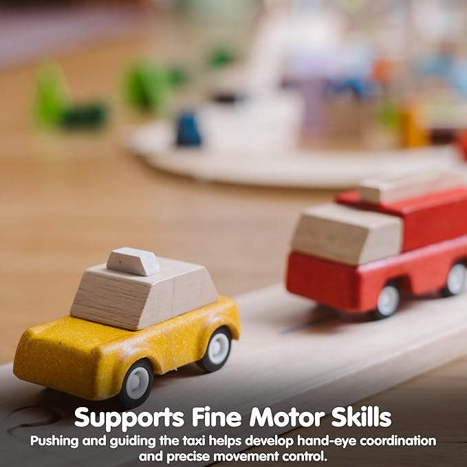 PlanToys® Yellow Taxicab Wooden Montessori Vehicle Toy | Early Movement, Imagination and Practical Life Exploration | Eco Friendly Taxi for Indoor and Outdoor Play
