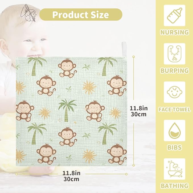 vvfelixl Cute Monkey Coconut Trees Baby Burp Cloths Baby Muslin Washcloths for Boys Girls Cotton Babys Face Towel for Newborn Infants Soft and Absorbent 11.8 X 11.8 in, 5 Pack