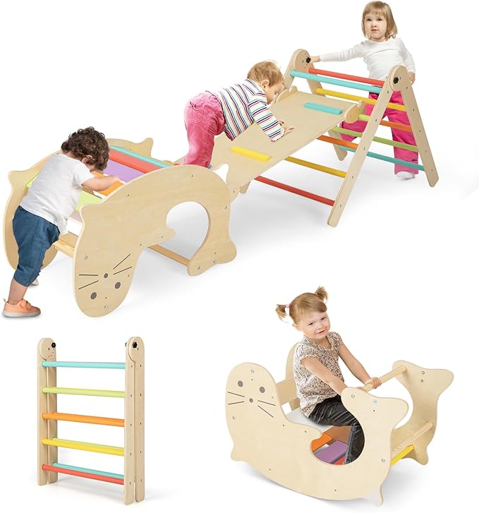 COSTWAY Climbing Triangle with Slide, 7-in-1 Indoor Climbing Frame from 3 Years, Foldable & Height-Adjustable, Indoor Playground Freely Combinable (Colourful)