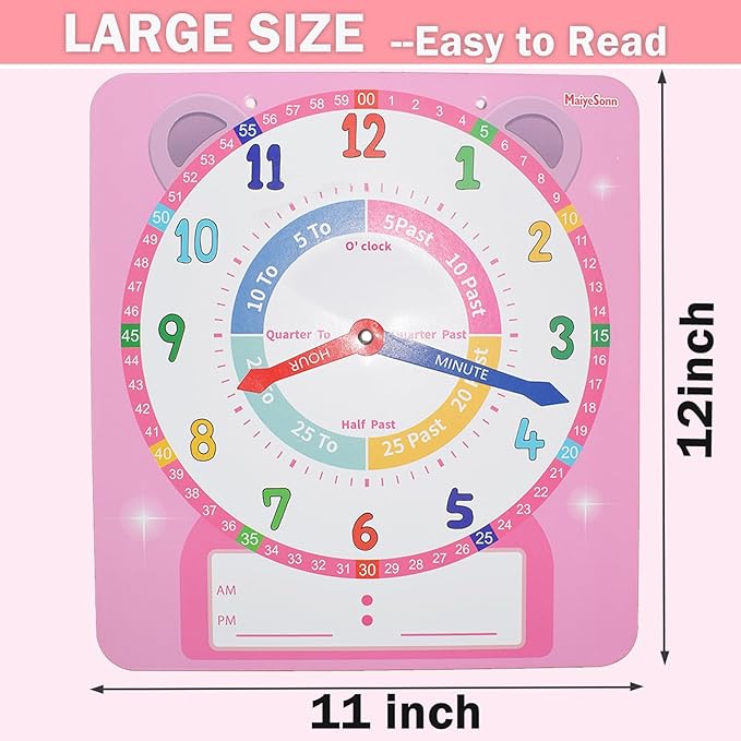 Teaching Clocks for Kids, Large Magnetic Writable Dry Erase Learning Clock with Pen,12" Teaching Demonstration Clock Learning Time to Tell Time for Kids Home School Classroom Supplies-Pink