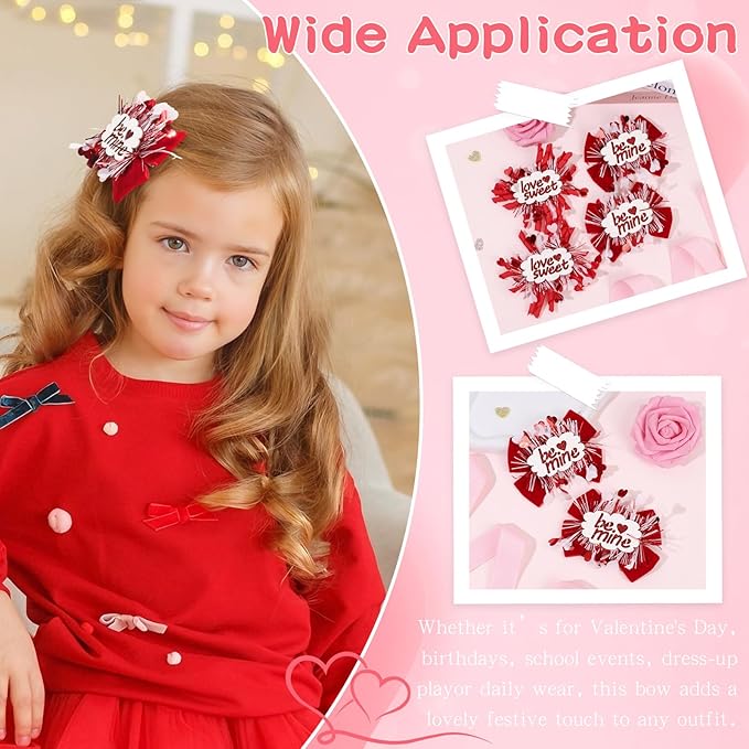 CN 4PCS Valentines Day Hair Bows for Girls Red Pink Love Heart Hair Clips Grosgrain Ribbon with Alligator Clips Hair Accessories for Kids Toddler Teens on Valentines Birthday
